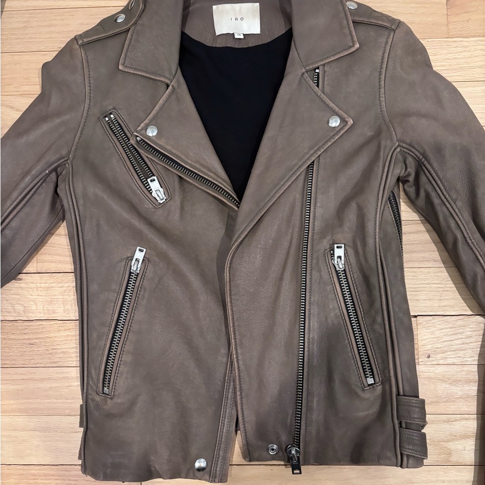 IRO Taupe Leather Jacket with Silver Zippers